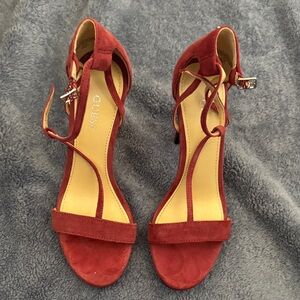 GUESS Burgundy Suede Strappy Ankle-Heel Sandals